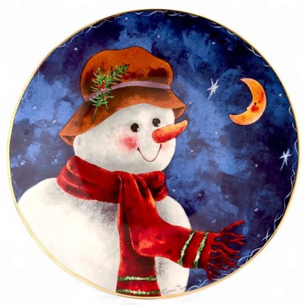 Elaine Thompson Ceramic Snowman Plate Winter Holiday Decor Blue 12.5" 1994